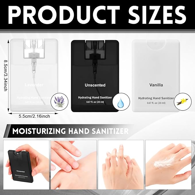 Set of 3 Power Mist Hydrating Hand Sanitizer Spray Bulk Travel Size Effective Hand Sanitizer 0.67 Fl. oz Compact Card Spray Bottle Lavender Vanilla Unscented for Adult Gifts Backpack Pocket Bag