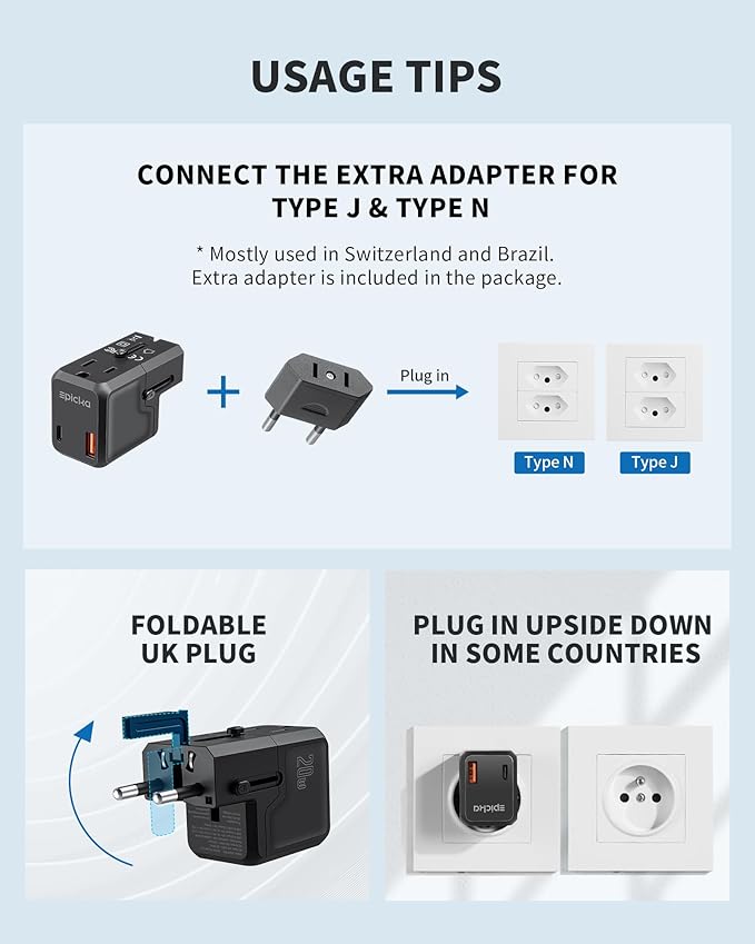EPICKA Universal Travel Adapter, International Plug Adapter Wall Charger with 20W USB-C PD & USB-A QC, All-in-One Pocket Size Adapter for USA EU UK AUS (Pocket 111, Black)
