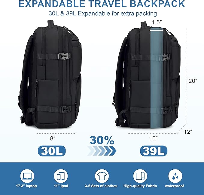 BAGOK Carry On Travel Backpack, 35L-40L Expandable Extra Large Airline Approved,Lightweight Daypack for Men and Women（Black）