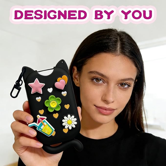 Cat Silicone Case with Keychain & Charms for Touchland Hand Sanitizer Spray, Protective Holder Compatible with Power Mist & Glow Mist 1 FL Oz/30ML