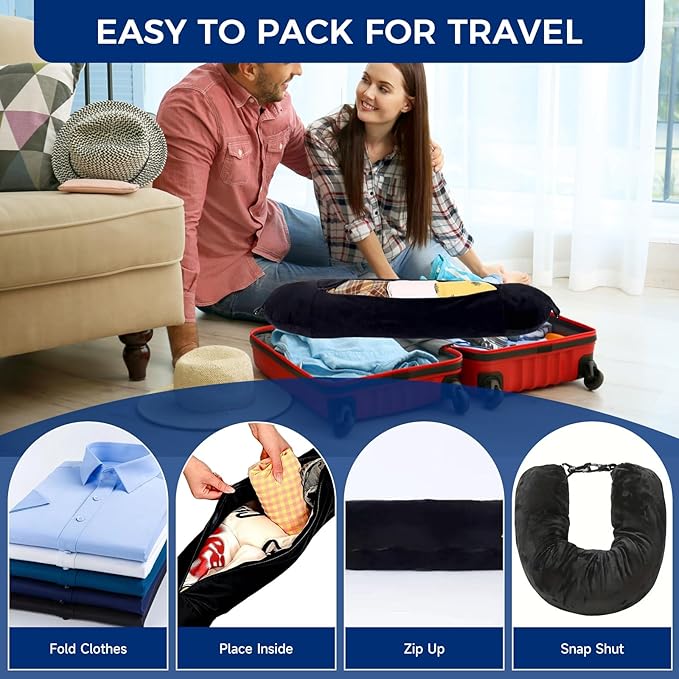 Neck Pillow for Sleeping Travel Stuffed Neck Pillows Storage Bag Adjustable U-Shapes Airplane Pillow with Extra Luggage Soft Car Travel Essentials No Filler Blue