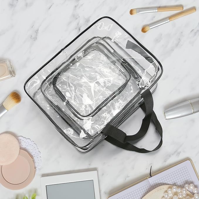 HAOGUAGUA 3 Pieces Large Clear Travel Bags for Toiletries, Waterproof Clear Plastic Cosmetic Makeup Bags, Transparent Packing Organizer Storage Bags (Black)