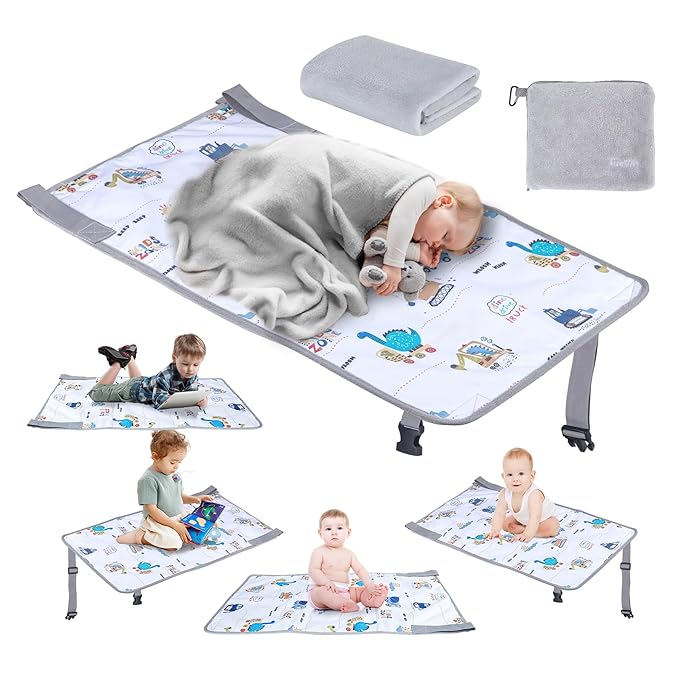 FUNSTAR Airplane seat Extender for Kids, Toddler Airplane Bed with Blanket, Airplane Travel Essentials, Durable and Comfortable Baby Portable Airplane Bed Flight Footbed (White).