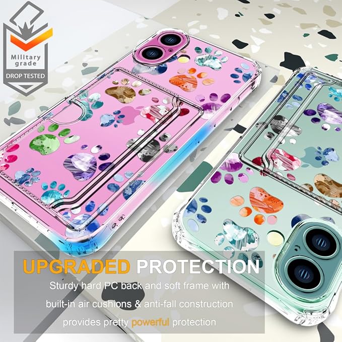 Compatible with iPhone 17 Case Card Holder for Women Cute Design,Wallet Phone Cases Transparent Cool Kawaii Protective (Clear Lovely Dogs Paws)