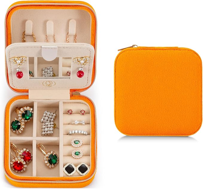 ZPROW Plush Velvet Travel Jewelry Case, Travel Jewelry Organizer, Jewelry Travel Case, Travel Jewelry Box, Small Jewelry Case, Jewelry Travel Box, Earring Organizer with Mirror - Orange