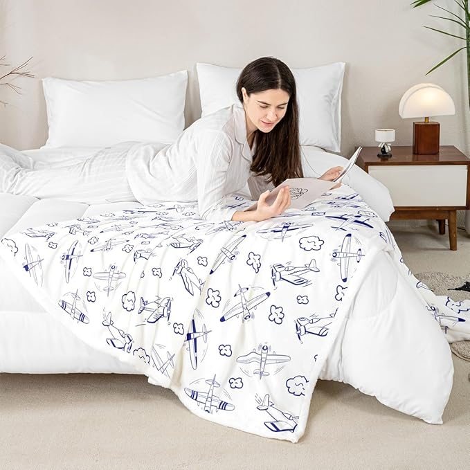 Airplane Kids Throw Blanket,Cartoon Aircraft American Plane Bed Blanket for Girls Boys Adults,Cute Cloud Airplane Fleece Blanket,Blue White Fuzzy Blanket,Queen Size (90 x 90 Inches)