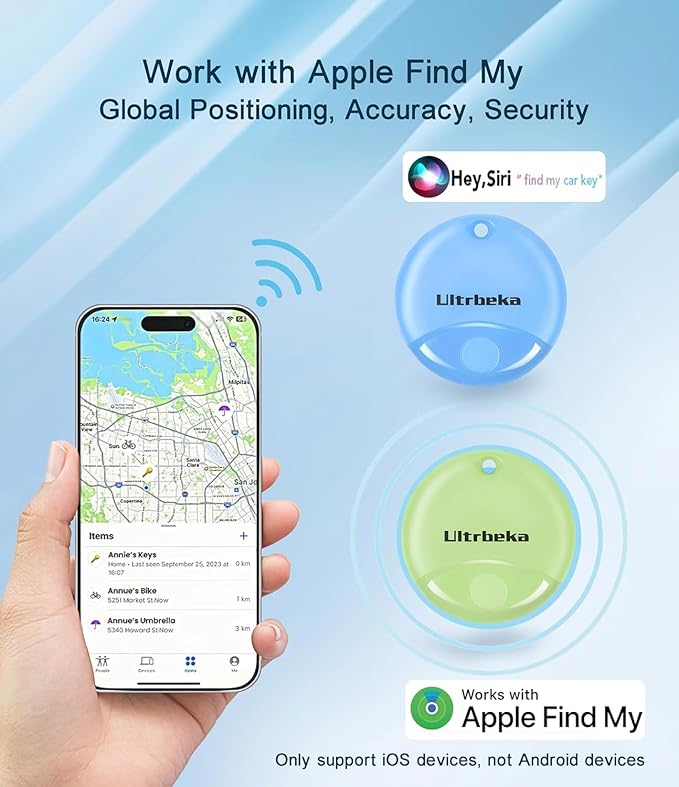 Ultrbeka Air Tracker Tag 4 Pack Bluetooth Item Finder for iPhone – MFi Certified Smart Tracker Compatible with Apple Find My, Replaceable Battery, IP67 Waterproof Key Finder for Keys, Wallet, Luggage