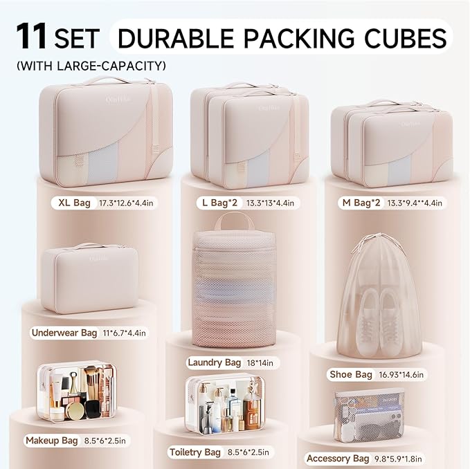 11 Set / 9 Set Packing Cubes for Travel,Gifts for Women Mom Kids,TSA Approved Bags for Makeup, Cosmetic, Toiletry, Organizers for Suitcase Carry On, Cruise Essentials Airplane Accessories, Beige