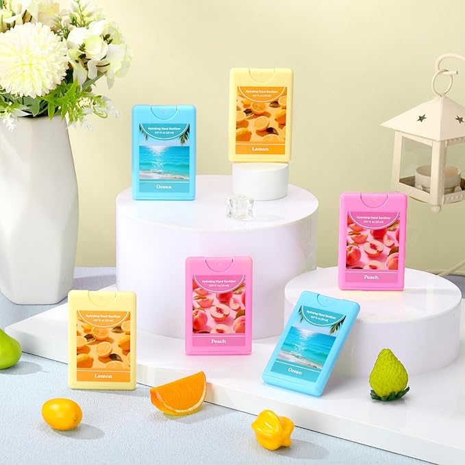 Set of 3 Power Mist Hydrating Hand Sanitizer Spray Bulk Travel Size Refreshing Hand Sanitizer 0.67 Fl. oz Compact Card Spray Bottle Peach Lemon Ocean Scent for Summer Party Favors Family Gifts