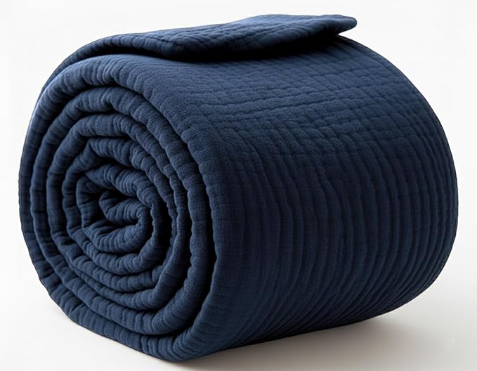 KyraHome Muslin Blankets for Adults, 50"x60" 100% Organic Cotton Throw Blanket, Plant Dyed, Breathable, Lightweight Gauze Cotton Blanket for Couch, Bed, Travel, All Season (Navy Blue)