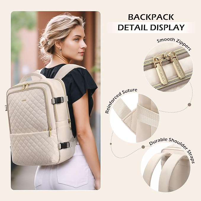 MDODO Travel Backpack for Women Men - Large Carry on Backpack fits 15.6" Laptop Lightweight Travel Bag Daypack Waterproof Causal Bookbag Backpack for College,Work,36L, Beige