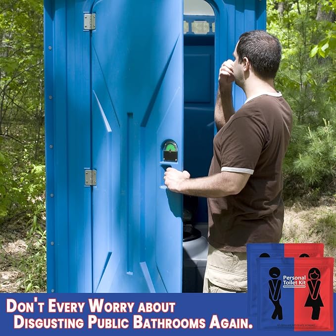 Public Restroom Kit: Pack of On-The-Go Bathroom Kits with Toilet Paper for Travel - Public Toilet Survival Kit Including Gloves, Wipes, Seat Covers in Zip Top Bag