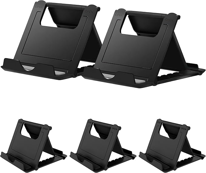 Portable Cell Phone Stand Holder for Desk, 【5 Pack】 Foldable Pocket-Sized Adjustable Mount, Universal Desktop Kickstand Compatible with iPhone, iPad, Kindle & Android Devices (fiveBlack)