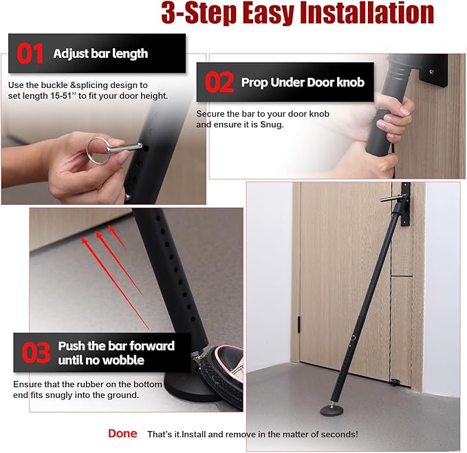 2 Pack Door Security Bar – Anti-Slip 600LB Heavy Duty Door Stopper Jammer Stick, Adjustable 24.5-50.7'',Portable Travel Safety Lock Blocker for Home, Apartment, Hotel, Front & Sliding Doors