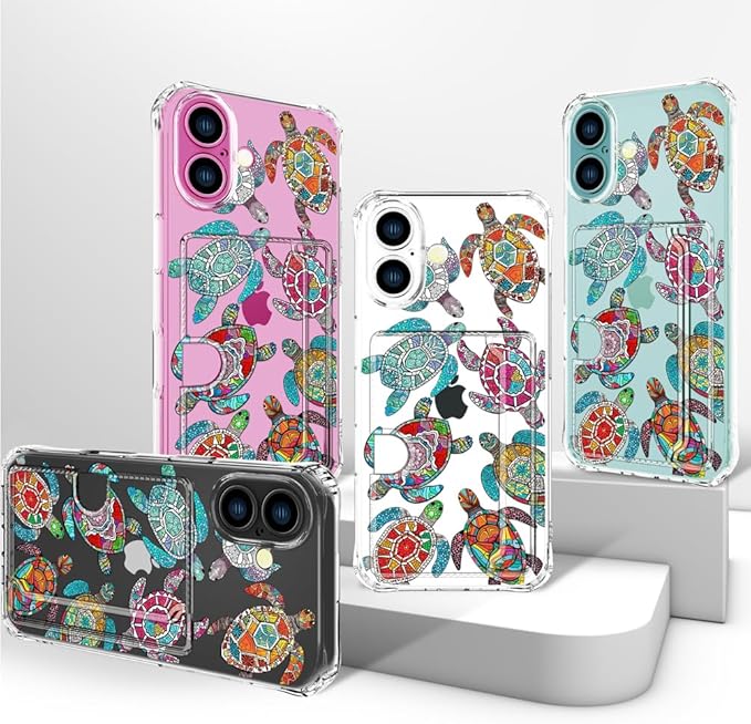 Compatible with iPhone 16 Plus Case Card Holder for Women Cute Design,Wallet Phone Cases Transparent Cool Kawaii Protective (Clear Sea Turtles Animal Tribal)
