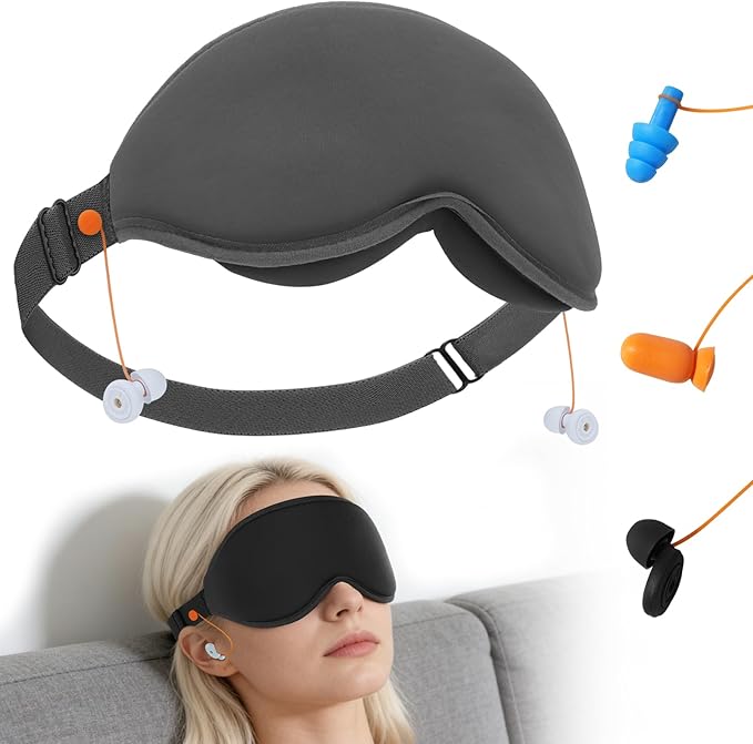 3D Contoured Sleep Mask with Earplug Retainer Cord,100% Pressure-Free & Total Light Blocking Eye Mask with Adjustable Strap. Ideal for Sleep Earplug User, Airplane Travel, Meditation Grey