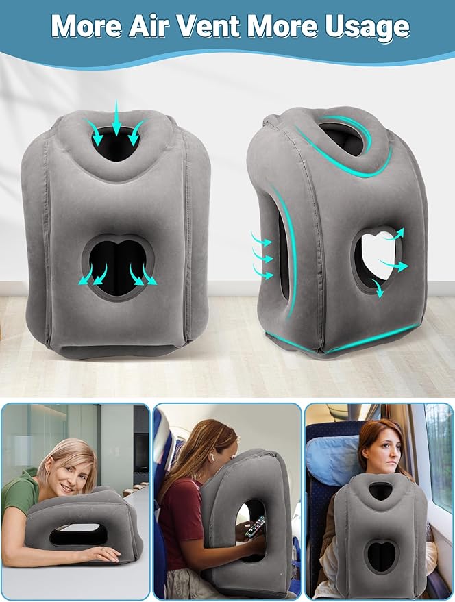Maliton Inflatable Travel Pillow for Airplane Comfortable Sleeping to Relieve Neck and Shoulder Pain,Support Head Inflatable Pillow for Long Flights, Used for Airplanes,Cars,Trains(Dark Grey)