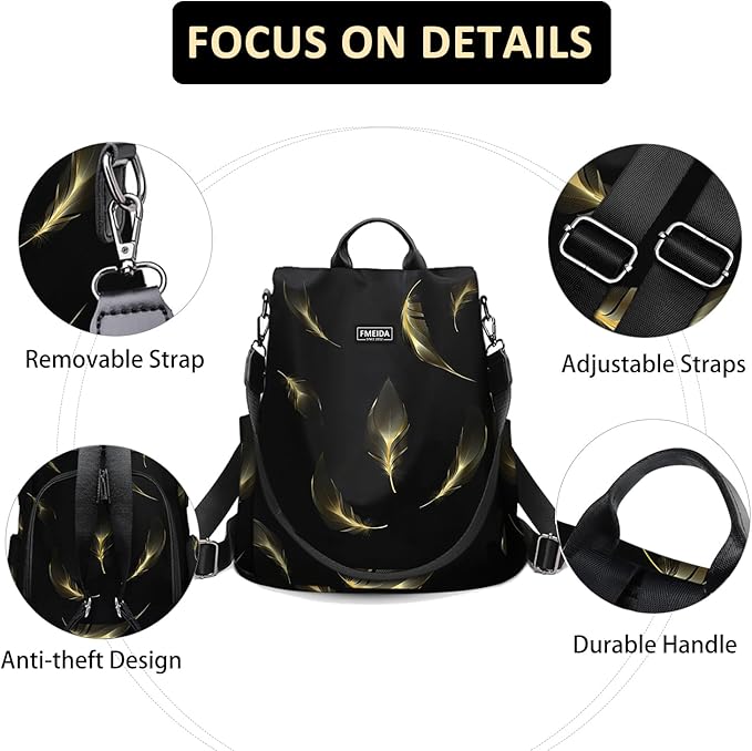 Fmeida Travel Backpack Purse for Women Anti Theft Convertible Backpacks Fashion Waterptoof Nylon Daypack Black Feather