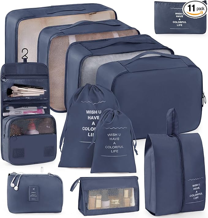 Anjing 11 PCS Packing Cubes for Suitcases Carry on, Space-Saving Travel Luggage Packing Organizers for Travel Essentials, Water-Resistant Luggage Suitcase Organizer Bags Set, Navy Blue