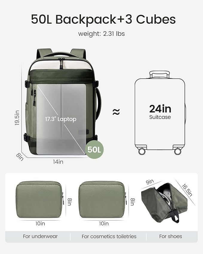 LOVEVOOK 50L Travel Backpack for Women, Airline Approved Carry On Luggage with 3 Cubes Accessories, TSA Personal Item Travel Cruise Essentials, Waterproof Weekender Overnight Bags fits 17" Laptop