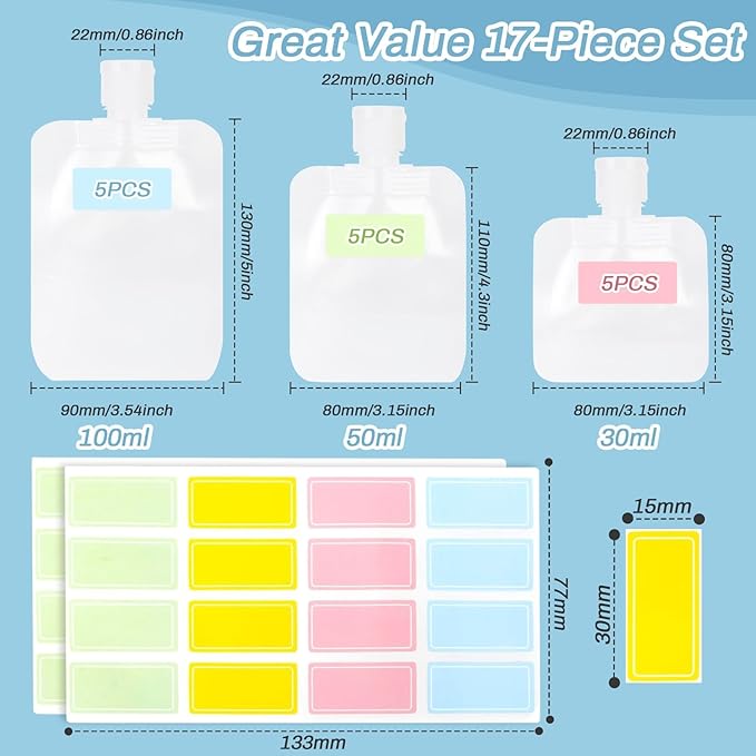 17 Pack Travel Pouches for Toiletries – TSA Compliant Leak Proof Refillable Liquid Pouches, Flat Travel Bottles for Shampoo Lotion Soap, Carry On Travel Containers 30ml 50ml 100ml