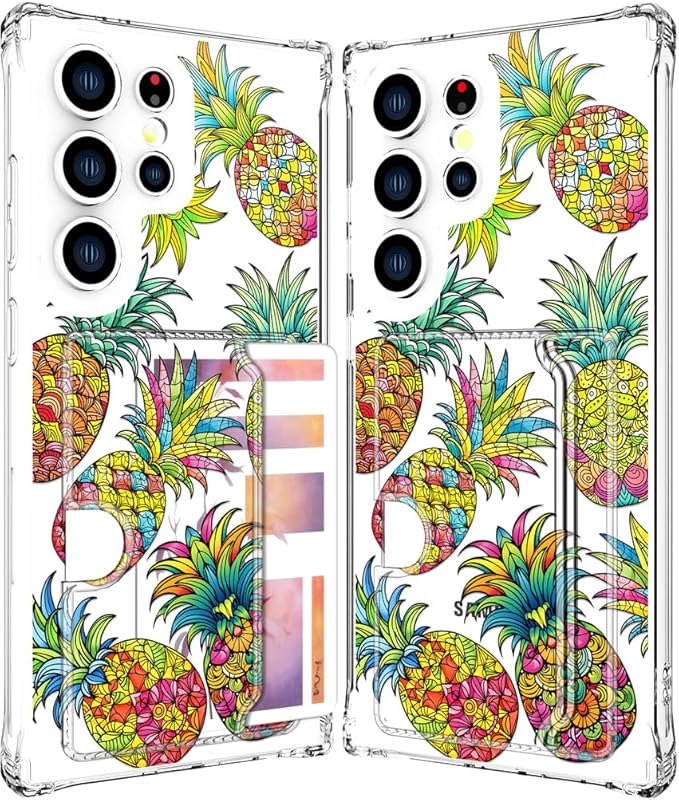 Compatible with Samsung Galaxy S24 Ultra Case Card Holder for Women Cute Design,Wallet Phone Cases Transparent Cool Kawaii Protective (Clear Pineapple Fruit Tropical)