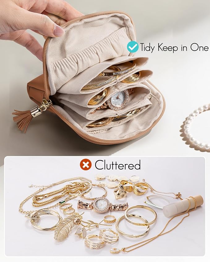 VLANDO Small Travel Jewelry Case,Jewelry Pouch Bags with Zipper,Velvet Jewelry Organizer Storage Bag for Bracelet Rings Earring-Brown