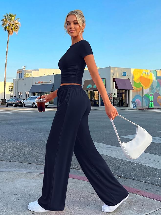 Trendy Queen 2 Piece Matching Summer Lounge Set Womens Side Ruching Top Wide Leg Pants Sets with Pockets