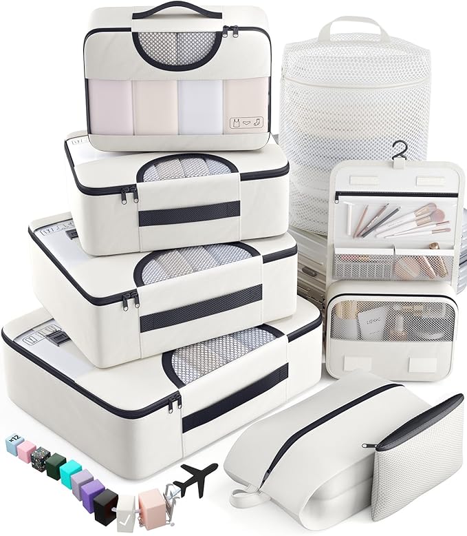 Veken 8 Set Packing Cubes for Travel Essentials, Suitcase Organizer Bags in 4 Sizes, Carry-On Luggage Accessories with Large Laundry Bag & Passport Holder, Must-Have for Airplane, Road Trip & Camping