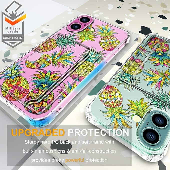 Compatible with iPhone 17 Case Card Holder for Women Cute Design,Wallet Phone Cases Transparent Cool Kawaii Protective (Clear Pineapple Fruit Tropical)