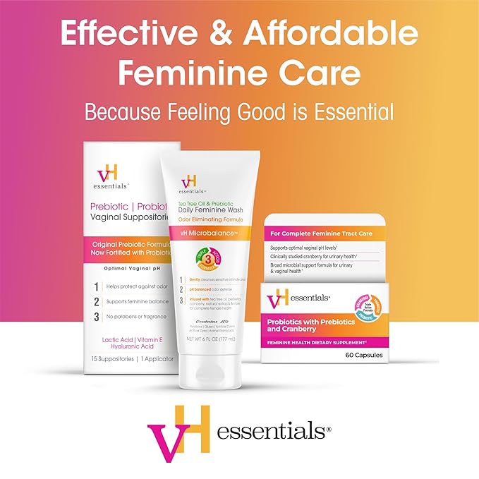 vH essentials Feminine Cleansing Wipes, 32 ct. 4 pk - pH Balanced, Prebiotics, Tea Tree & Aloe, Soothing Witch Hazel, Odor-Blocking Formula, Vaginal and Perianal Care, Alcohol, and Fragrance-Free