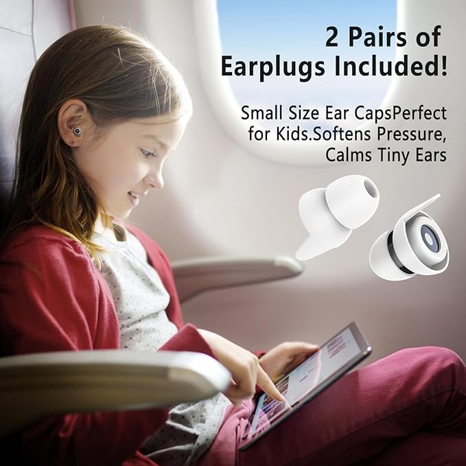 Noise Canceling Earplugs for Airplane: 27dB Reduction, Ear Pressure Relief. 2 Pairs, 3 Sizes (Kids & Adults). Reusable Silicone, Aluminum Case. Ideal for Concerts, Motorcycle, Sleeping