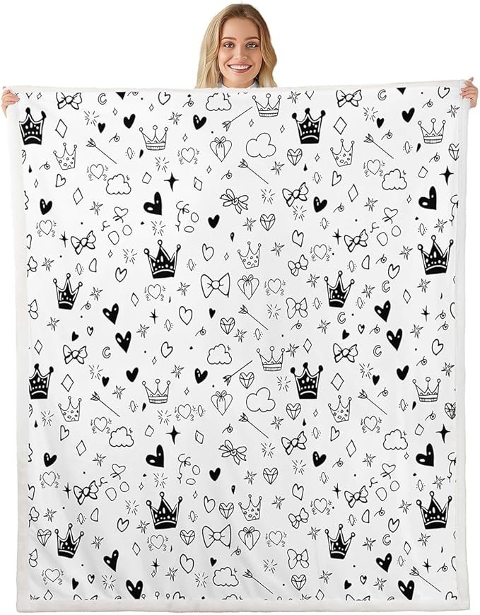 Cartoon Crowns Kids Throw Blanket,Bowknot Diamond Cute Bed Blanket for Girls Boys Adults,Starry Sky Romantic Fleece Blanket,Black White Unique Fuzzy Blanket,Twin Size (60 x 80 Inches)