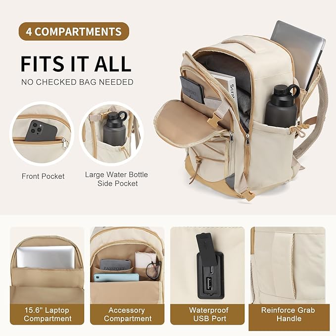 Carry on Travel Backpack, Flight Approved Personal Item Bag for Men Women, Door Lock, USB A/C Port, Shoe Bag, Fits 16" Laptop, Beige