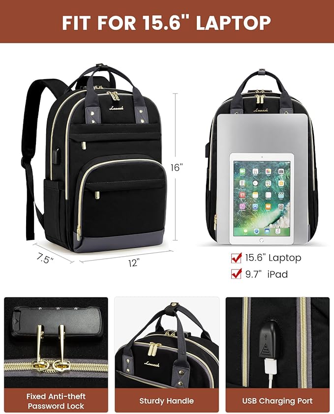 LOVEVOOK Laptop Backpack for Women, Unisex Travel Anti-theft Bag, Business Work Computer Backpacks Purse for Men, Casual Hiking Daypack with Lock, 15.6 Inch, Black-Grey