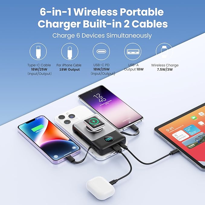 6 in 1 Magnetic Portable Charger for iPhone with Built-in Cables, 10800mAh 25W PD Fast Charging Power Bank, 6 Outputs LCD Display Travel Essential Battery Pack for iPhone 17/16/15/14/13/12,Apple Watch