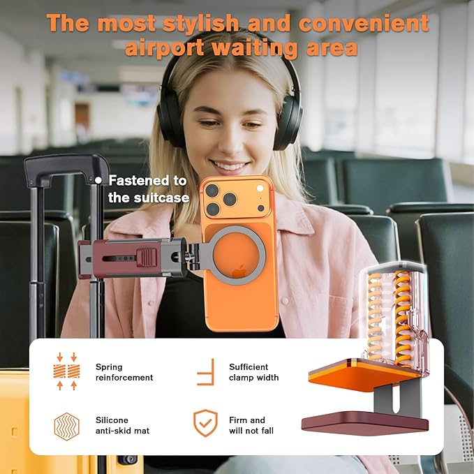 Airplane Phone Holder Travel Essentials for Women Magnetic Phone Holder for Plane Tray Table & Luggage Handle,Travel Sized 360° Rotation Foldable Desk Phone Stand for Long Flight Flying Claret