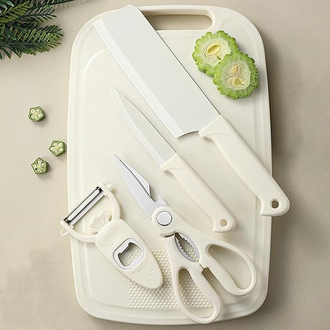 Cutting Board and Knife Set, 5 In1 Travel Cutting Boards And Knife Travel Cutting Board Kitchen Scissors and Peeler For Kitchen (Beige)