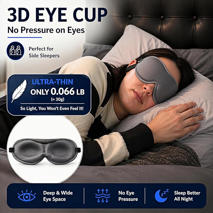 Ultra-Thin 3D Sleep Mask for Side & Back Sleepers, 100% Light Blocking Eye Mask for Sleep, Zero Pressure, Soft & Breathable Night Blindfold for Men & Women, Travel & Plane (Gray)