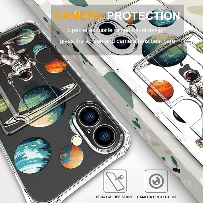 Compatible with iPhone 16 Plus Case Card Holder for Women Cute Design,Wallet Phone Cases Transparent Cool Kawaii Protective (Clear Astronaut Space Planets)