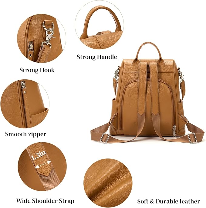 Leather Backpack Purses, Anti-theft Genuine Leather Backpack Bags for Women, Large Capcacity Fashion Convertible Shouler Bags for School Travel Daily