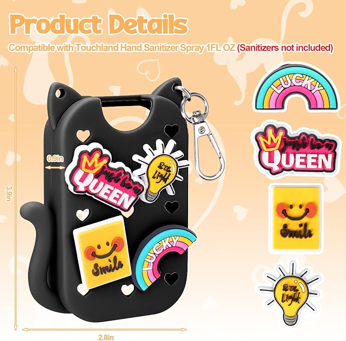 Mity rain Hand Sanitizer Spray Case Compatible With Touchland, Cute Silicone Hand Sanitizer Holder Keychain with 4 Charms, Portable Refillable Sanitizer Accessory, Gift For Women And Teens(Black)