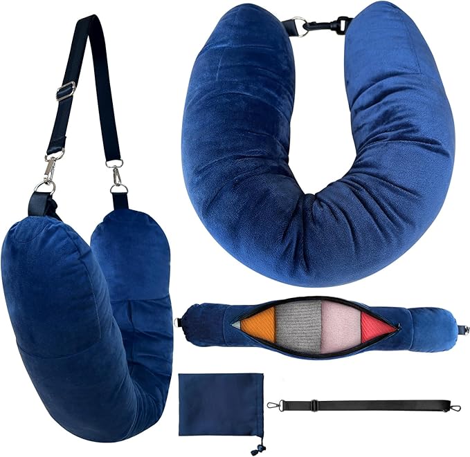Stuffable Neck Pillow, Stuffable Travel Pillow with Clothes, Portable Pillows for Airplane Train Car, Holds 3+ Days of Travel Essentials Storage Bag, Soft Velvet Neck Pillow Cover (Sea Blue)