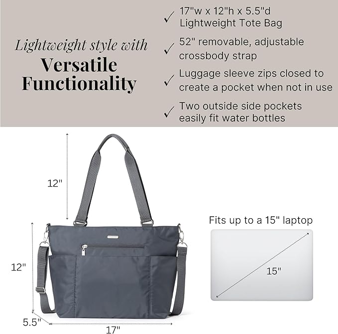 Baggallini Essential Laptop Tote - Work Tote Bag with Laptop Sleeve - Lightweight Travel Crossbody Shoulder Bag for Women