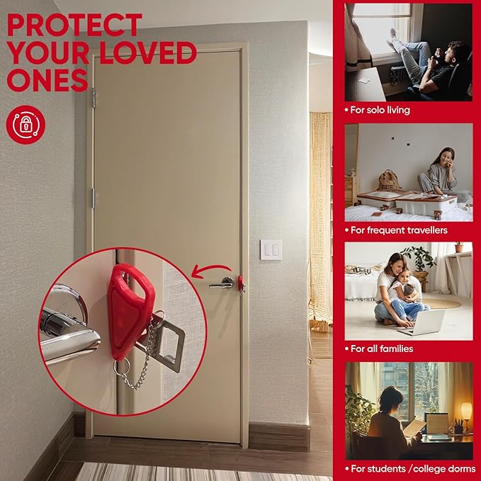 Portable Door Lock Extra Security Essential Safety & Privacy Travel Lockdown, Prevent Entry Stopper, Protect Family While Traveling Home Bedroom Hotel Apartment College (2 Pack (Red and Black))