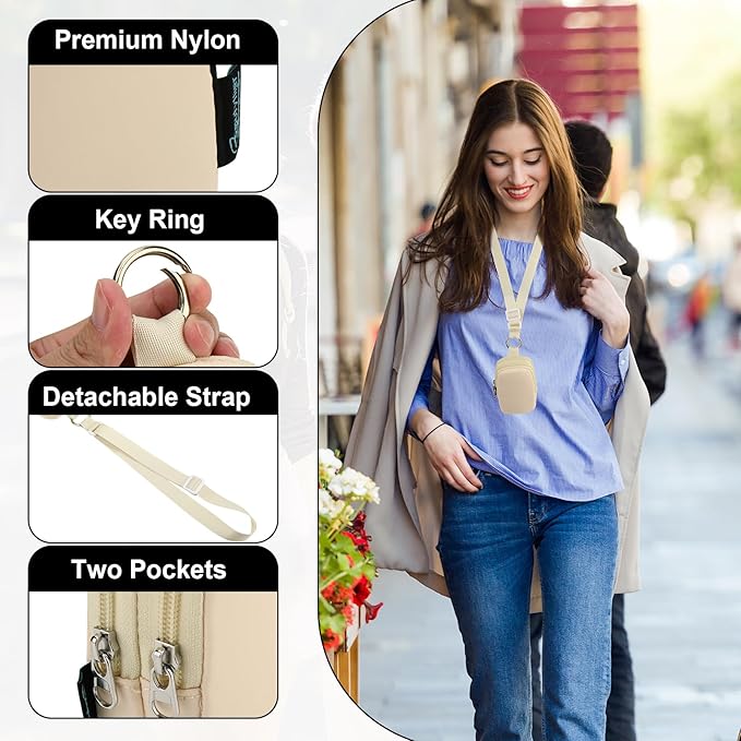 Beautyflier Double Pockets Hand Sanitizer Spray Case for Touchland Power Mist and Glow Mist 1FL OZ, Zipper Pouch for Hand Sanitizer Spray Bottle, with Extra Removable Neck Strap, Fits Travel (Beige)