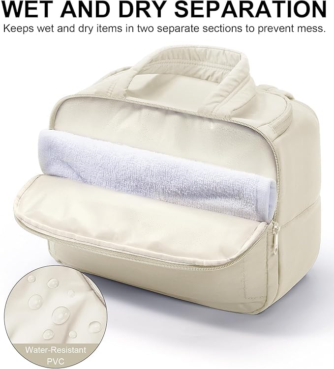 Bagstellar Travel Toiletry Bag for Women, Lightweight Large Quilted Puffy Makeup Bag Wide-open Make up Organizer Cloud Cosmetic Bag w/Handle for Traveling Toiletries, Essentials, Accessories, Beige