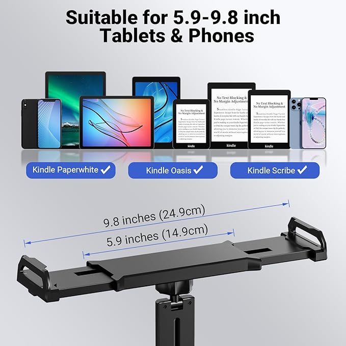 Tablet Holder Mount for Kindle Reading in Airplane or Table with Page Turner Remote, Travel Essential Handsfree Tablet Stand for Flying, Wireless Page Turner and Holder Arm Fits 5.9″–9.8″ Devices