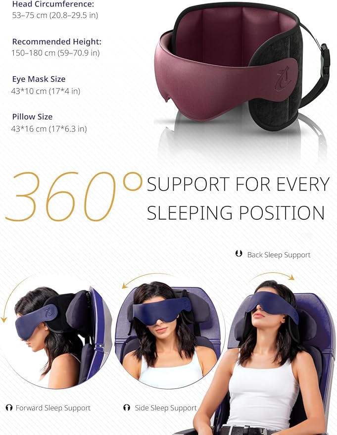 Travel Pillow, Airplane Neck Pillow with 3D Eye Mask for Sleeping, Round Edge Plane Head Strap 360°Headrest Support for Long Flight, Stop Bobblehead, Travel Essential for Car Road Trip Red