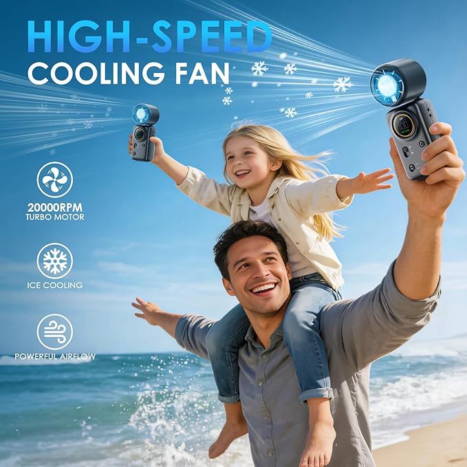 FurBall 4-IN-1 Portable Handheld Fan with Ice Cooling, High-speed Turbo Power 100 Gear Adjustable, LED Display, 6000mAh Rechargeable Battery, Foldable & Quiet Personal Fan for Travel, Office, Outdoor